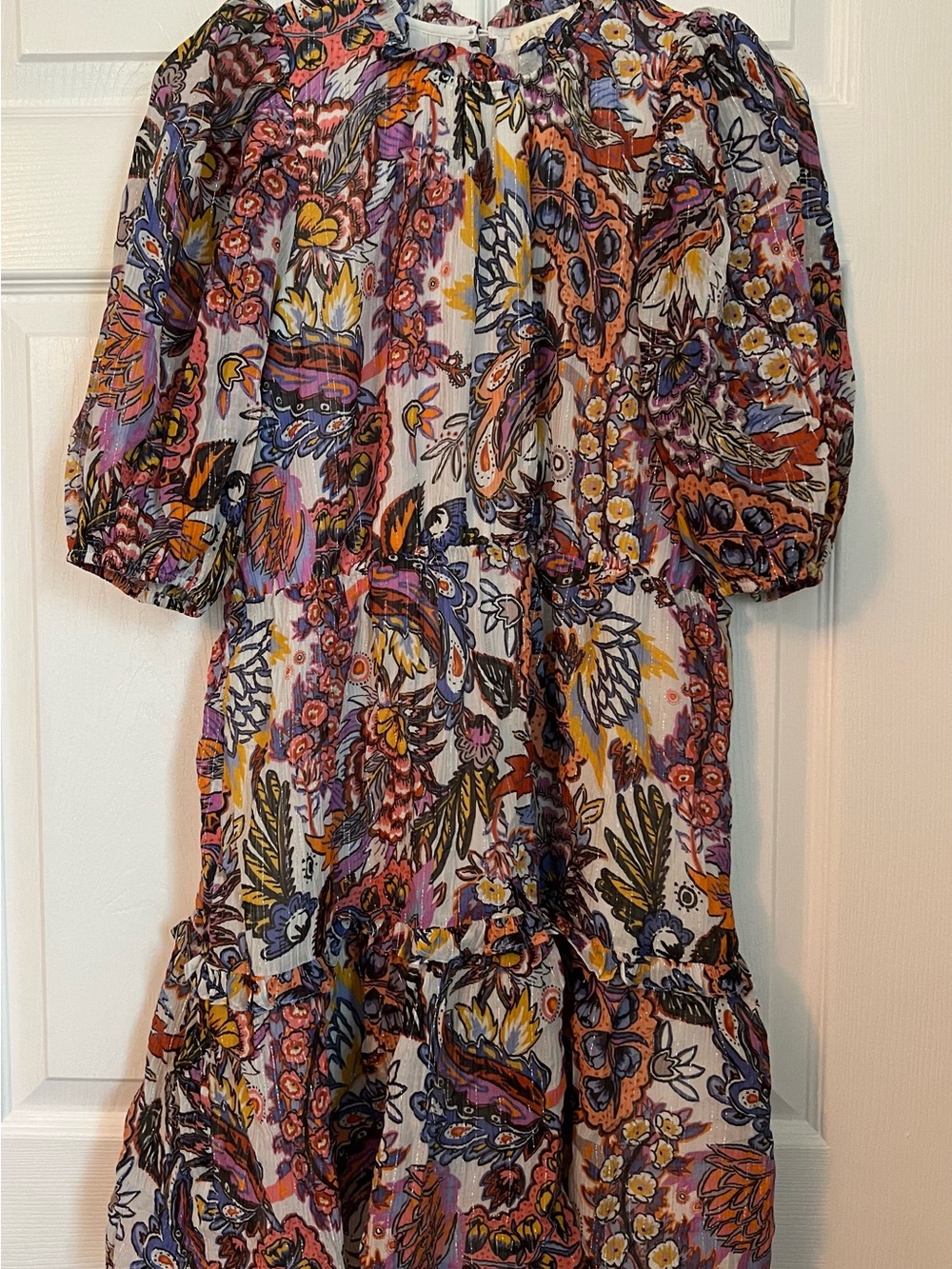Marie Oliver Puff-Sleeve Mini Dress in White, Purple, Orange and Yellow
